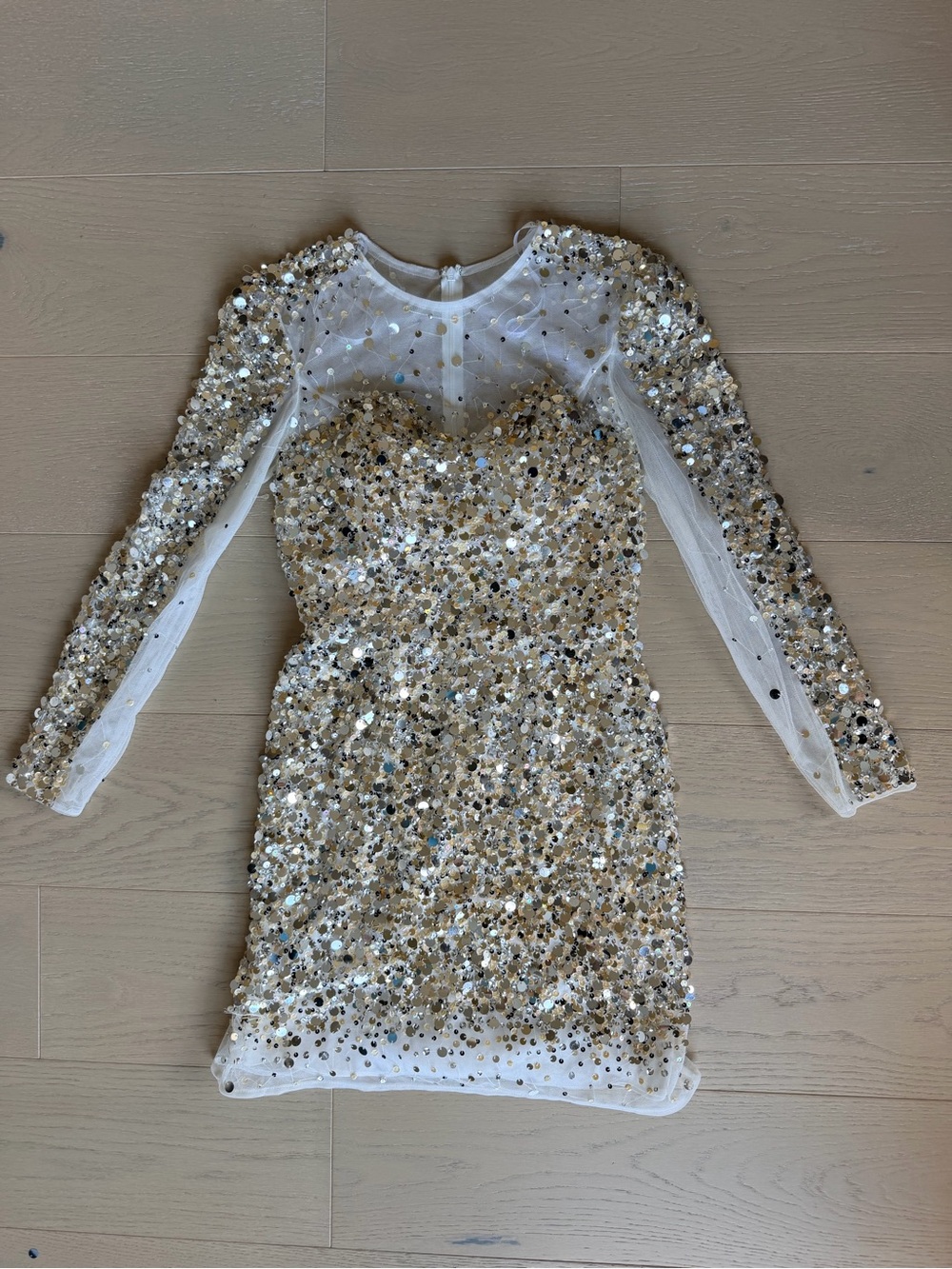 Sherri Hill Sequin Mini Dress in White with Gold and Silver, Size 4